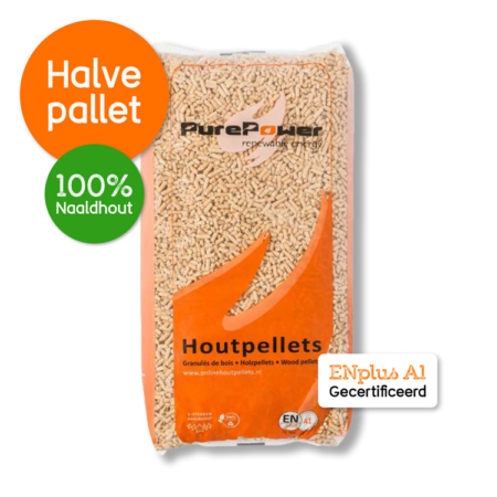 Pelletkorrels Pure Power Enplus A1 6mm 5 sterren Naaldhout 30x15 kg voorkant 30 zakken