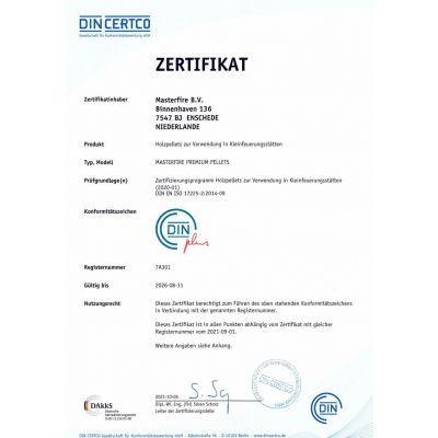 Certificaat Houtpellet Masterfire Premium 840 kg