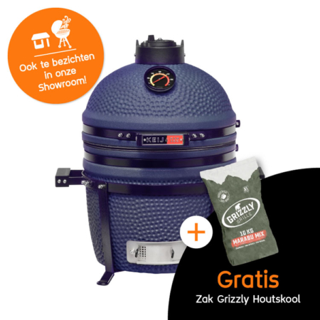 Kamado Keij Compact Blauw Actie Grizzly Grills Houtskool Showroom