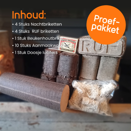Proefpakket Nacht-, RUF, Beuken, Beuken Houtbriketten met Aanmaakwokkels en Doosje lucifers
